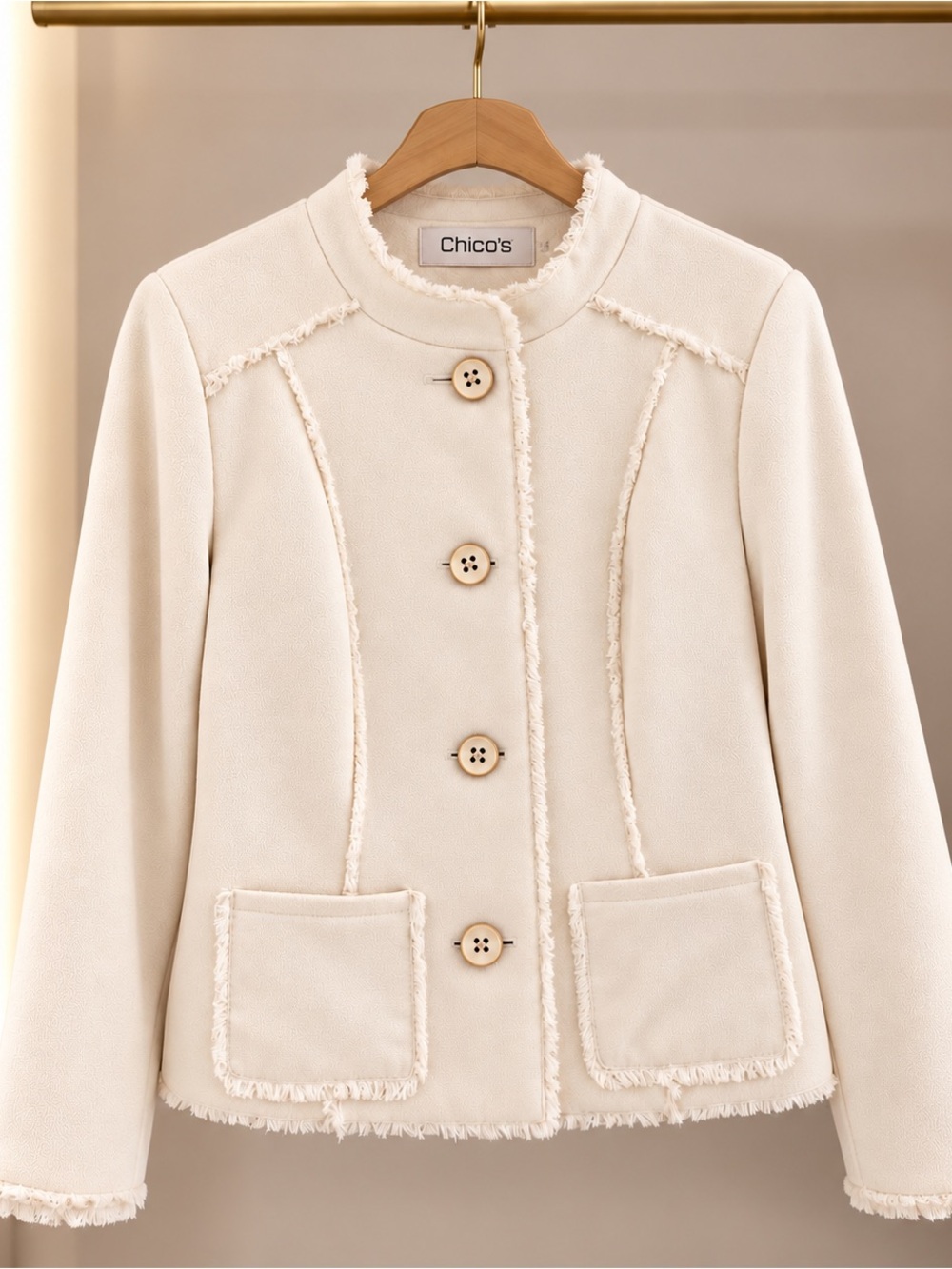 Chico's Cream Fringe-Trim Button Front Jacket